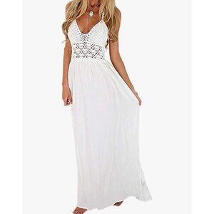 LILBETTER Women's Beach Crochet Backless Bohemian Halter Maxi Long Dress Medium